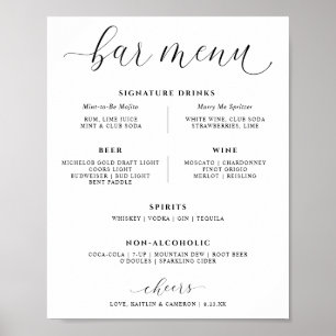 Poster Menu des Boissons du Bar de Mariage Élégant Boisso