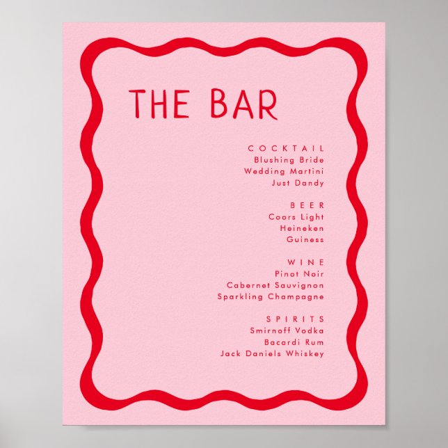 Poster Menu des boissons du bar rétro rose et rouge ondul (Devant)