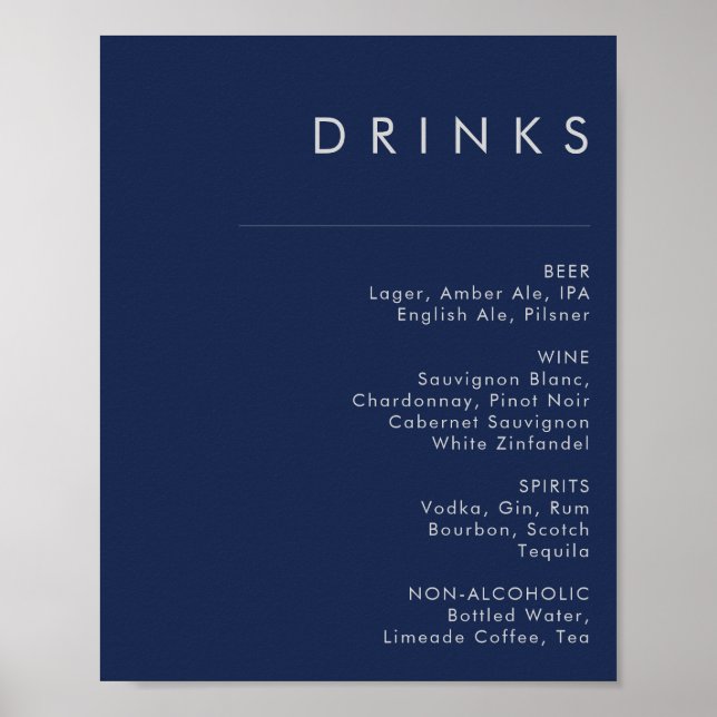 Poster Menu des boissons Mariage bleu marine moderne (Devant)