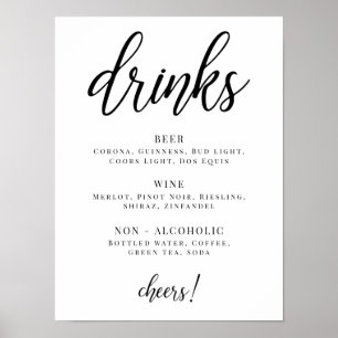 Poster Menu des boissons pour soirée noir et blanc