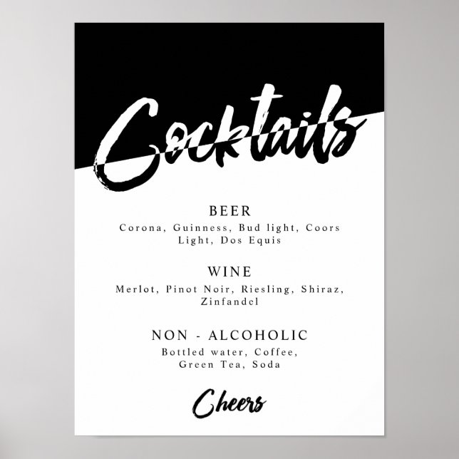 Poster Menu des boissons pour une soirée chic noir et bla (Devant)