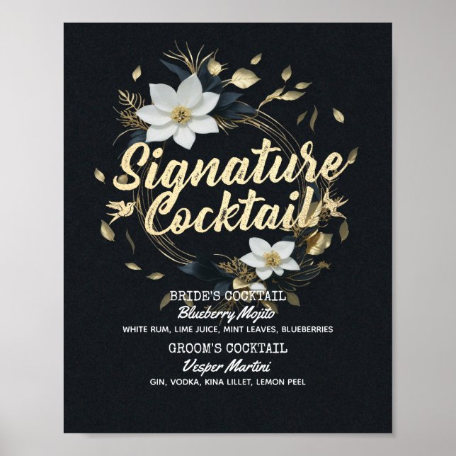 Poster Menu des boissons signatures de mariage à couronne (Devant)