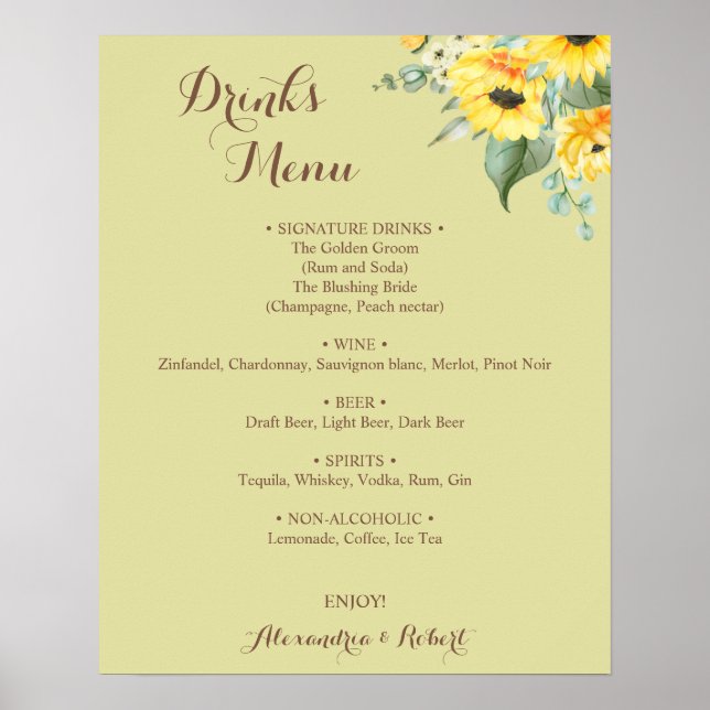 Poster Menu des boissons Tournesols Verdure Mariage de ma (Devant)