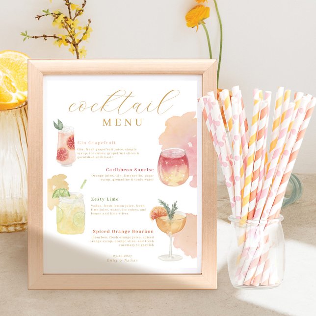 Poster Menu des cocktails aquarelle Bar de mariage Menu d (Créateur téléchargé)