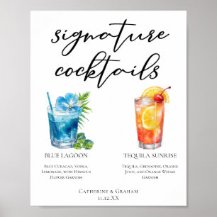 Poster Menu des cocktails signature de mariage sur une îl