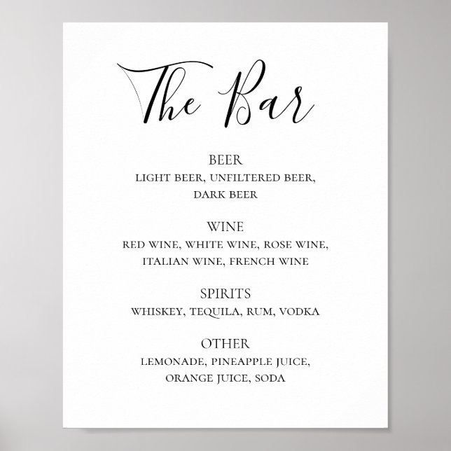 Poster Menu du bar à boissons de mariage noir et blanc (Devant)
