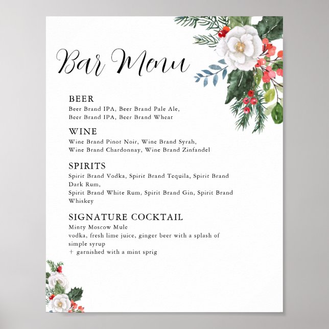 Poster Menu du bar de la douche de mariée d'hiver de Noël (Devant)