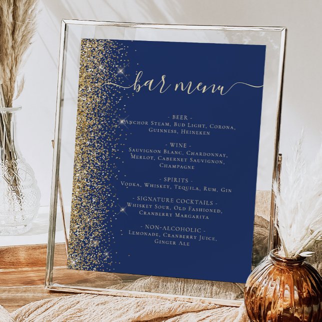 Poster Menu du bar de mariage bleu marine doré pailleté (Créateur téléchargé)
