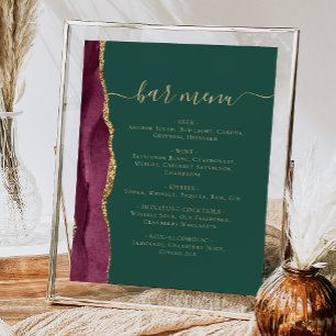 Poster Menu du bar de mariage Bourgogne Or Agate Vert