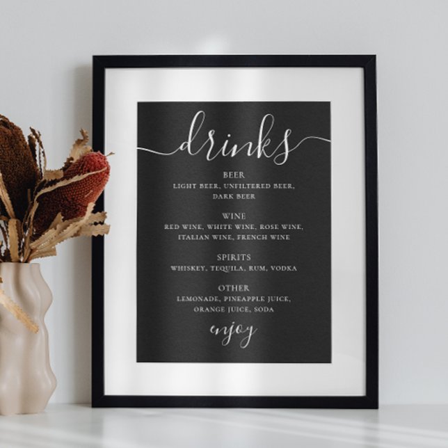 Poster Menu du bar de mariage noir | Boissons à écriture  (Créateur téléchargé)