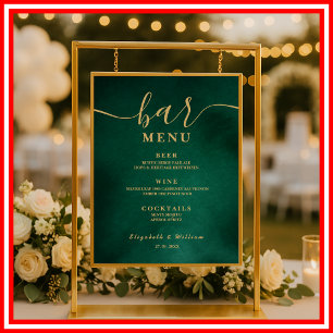 Poster Menu du bar de mariage vert émeraude et or