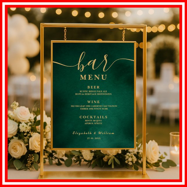Poster Menu du bar de mariage vert émeraude et or (Créateur téléchargé)