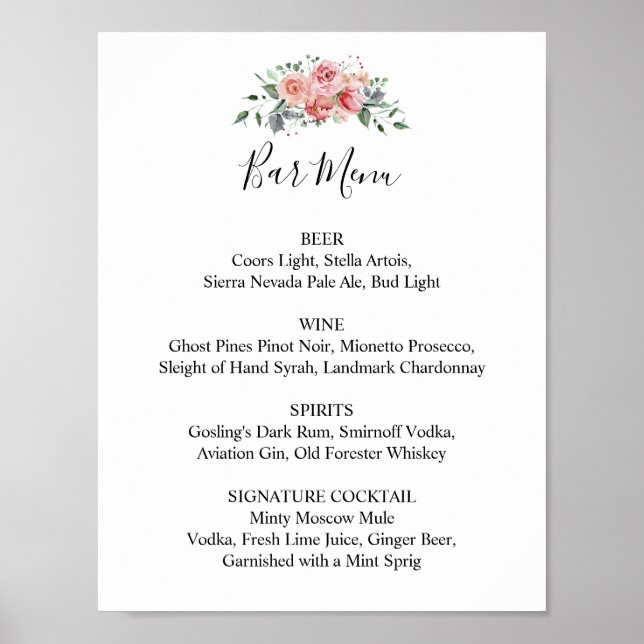 Poster Menu du bar de réception de mariage écriture flora (Devant)