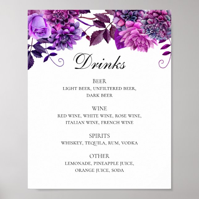 Poster Menu du bar des boissons à fleurs pourpre d'aquare (Devant)