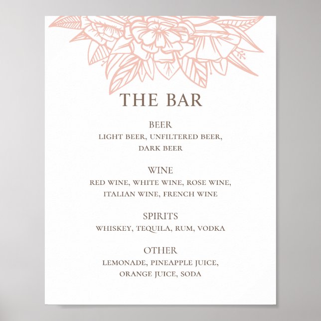 Poster Menu du bar des boissons de mariage rose flush (Devant)