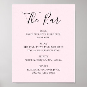 Poster Menu du bar des boissons de mariage rose vif