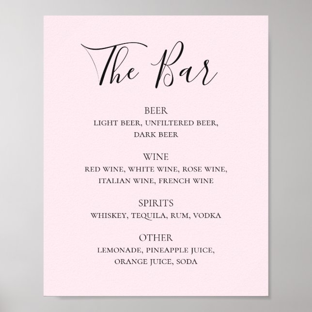 Poster Menu du bar des boissons de mariage rose vif (Devant)