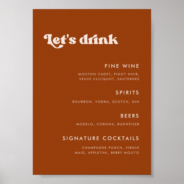 Poster Menu du bar du Mariage Burnt Orange (Devant)