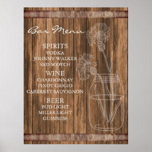 Poster Menu du bar en bois de la grange de campagne rusti