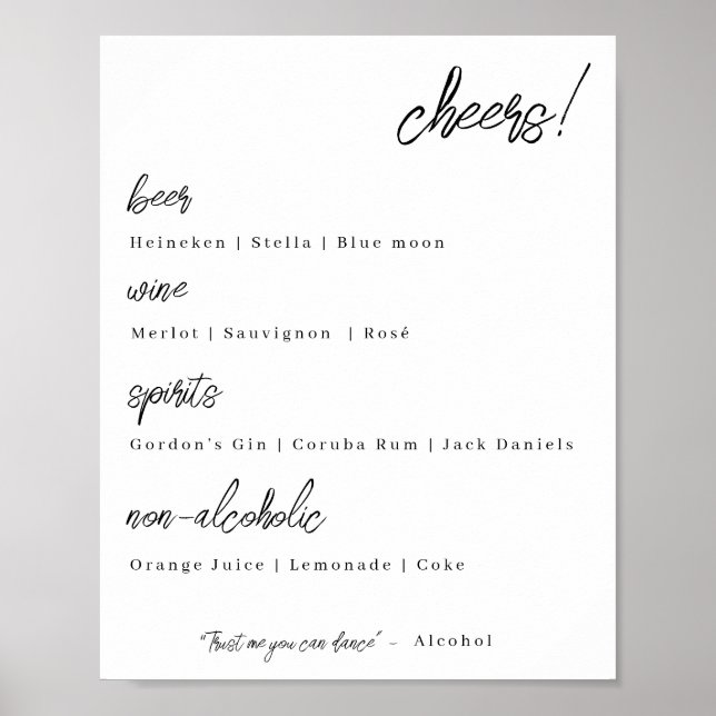 Poster menu du bar mariage - élégance simple (Devant)