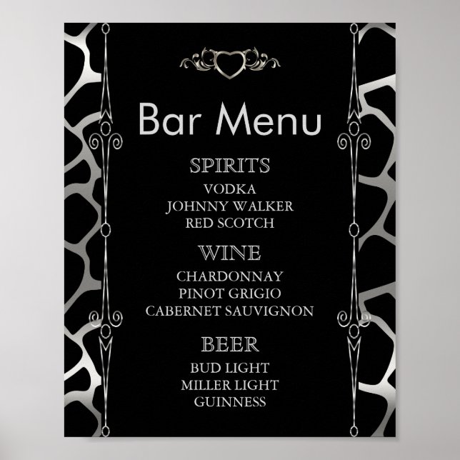 Poster Menu du bar - Mariage en Argent et Noir Girafe (Devant)