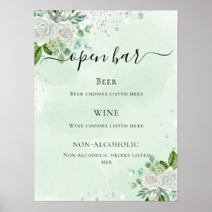 Poster menu du bar mariage vert eucalyptus à fleurs
