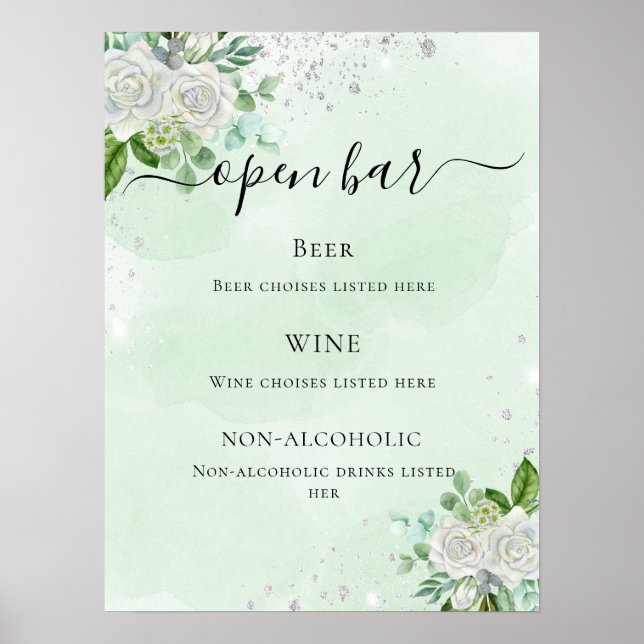 Poster menu du bar mariage vert eucalyptus à fleurs (Devant)