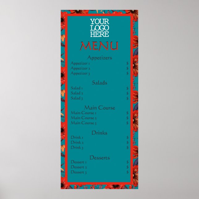 Poster Menu du Café Restaurant Fleur Rouge Turquoise (Devant)