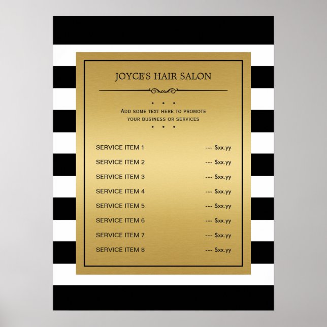 Poster Menu du service Classic Gold Black White Stripes (Devant)