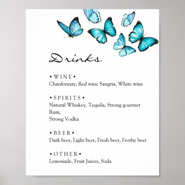 Poster Menu élégant de boissons de mariage aux papillons  (Devant)