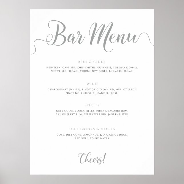 Poster Menu Mariage Boissons du menu de la barre d'argent (Devant)