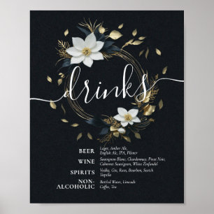 Poster Menu Mariage de boissons Black White Gold Floral