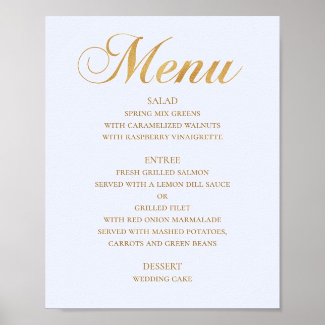 Poster Menu mariage or pour le dîner. Bleu élégant simple (Devant)