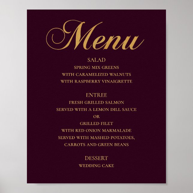 Poster Menu mariage or pour le dîner. Bourgogne élégant s (Devant)