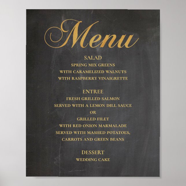 Poster Menu mariage or pour le dîner. Chalkboard élégant (Devant)