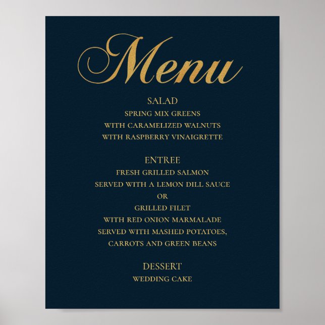 Poster Menu mariage or pour le dîner. Marine élégant simp (Devant)