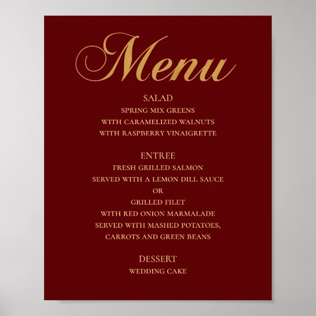 Poster Menu mariage or pour le dîner. Maroon élégant simp (Devant)