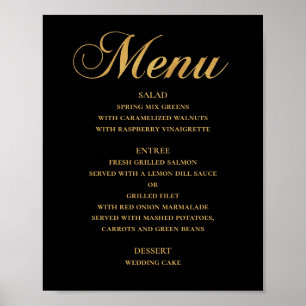 Poster Menu mariage or pour le dîner. Noir élégant
