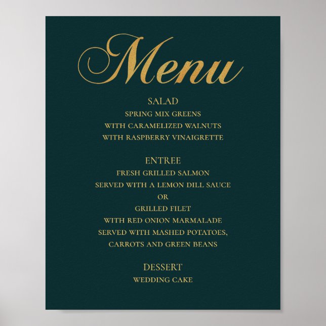 Poster Menu mariage or pour le dîner. Turquoise élégant (Devant)