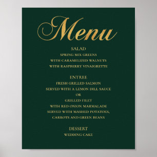 Poster Menu mariage or pour le dîner. Vert élégant simple