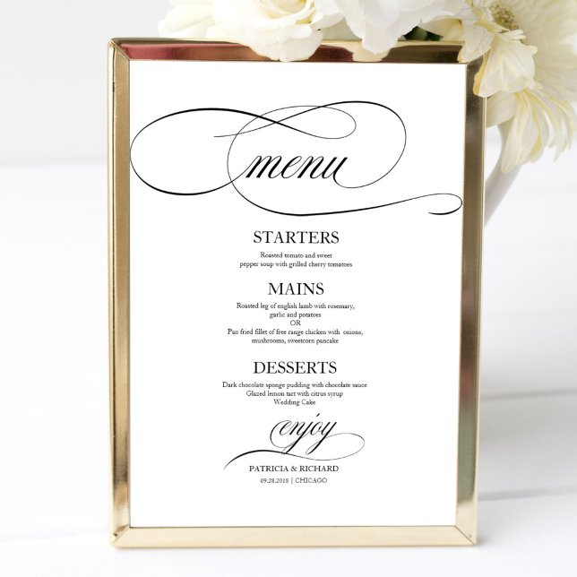 Poster Menu mariage Signal noir chic Script (Créateur téléchargé)
