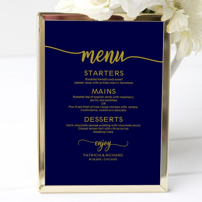 Poster Menu mariage SignChic Gold Navy Blue Calligraphy (Créateur téléchargé)