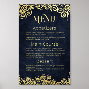Poster Menu Mariage Sophistiqué Marine Blue & Gold Swirls