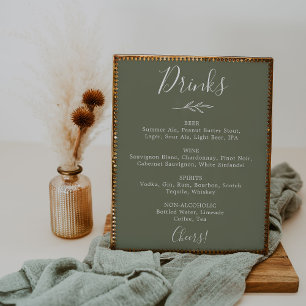 Poster Menu minimaliste des boissons de mariage vert fonc