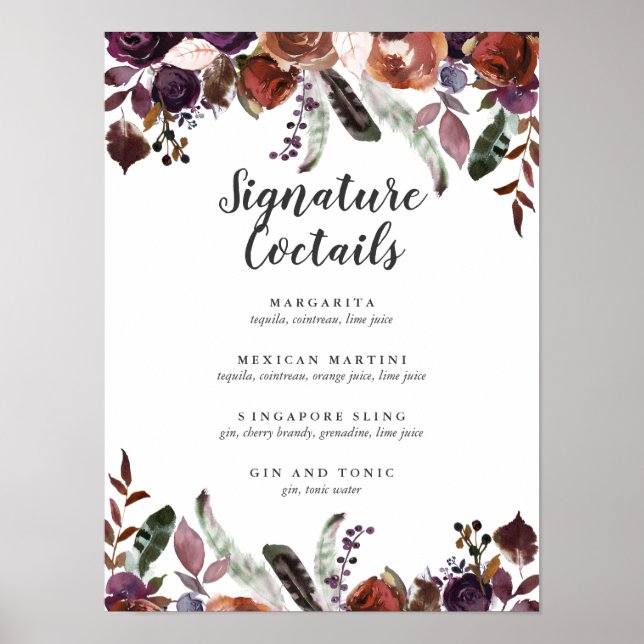 Poster Menu signature de cocktail de mariage Rustic Plum (Devant)