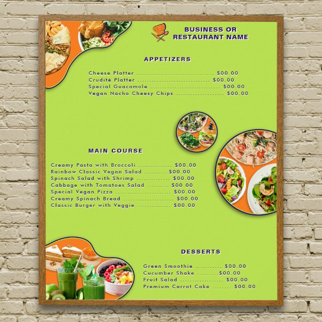 Poster Menu végétalien de nourriture professionnelle oran (Available for INSTANT DIGITAL DOWNLOAD also.)