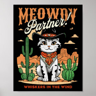 Poster Meowdy Partner Cowboy Chat Carton Vintage Drôle