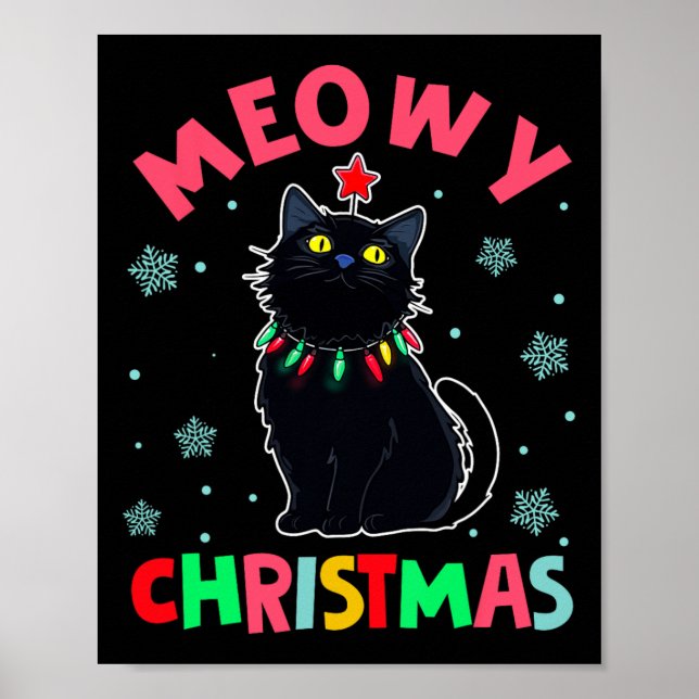 Poster Meowe Noël Noël Lumières Chat noir Pyjamas Fami (Devant)