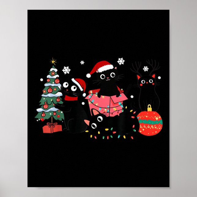 Poster Meowy Christmas Black Cats Play Christmas Tree Lig (Devant)