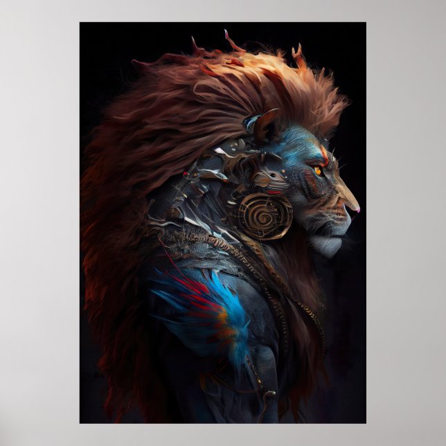 Poster Mer-Lion - Blue Fins Feathers Weirdcore SteamPunk (Devant)